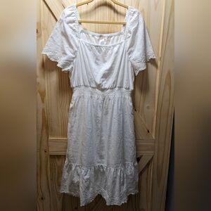 White Eyelet Midi Dress, Size XL, Lined, Smocked Waist, Ruffle Hem And Sleeves